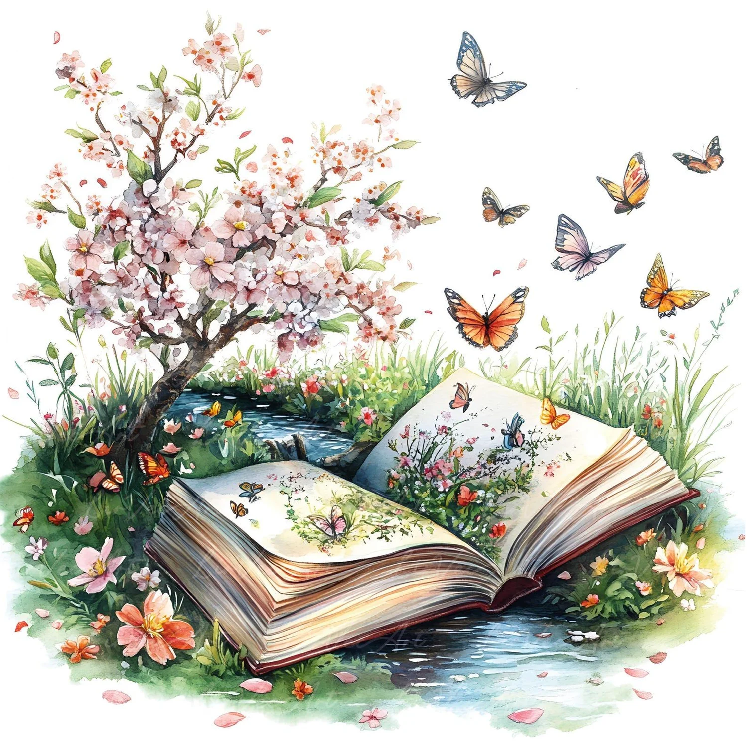 Watercolour illustration of an open magical book, flowering tree and butterflies